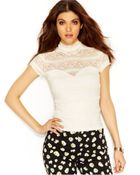 Guess Cap-Sleeve Mock-Turtleneck Lace-Overlay Top - Lyst