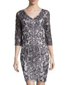 Sue Wong Three-Quarter Sleeve Lace Cocktail Dress - Lyst