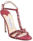Jimmy Choo Red Berry Leather Jeweled 'Tayn' T-Strap Sandals - Lyst