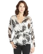 Rachel Zoe Grey And Black Silk Blend Floral Burnout Print Wrap Blouse - Lyst