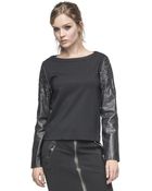Andrew Marc Leather Sleeve Top - Lyst