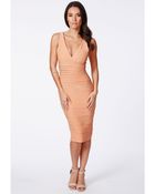 Missguided Mulan Bandage Bodycon Midi Dress In Nude - Lyst