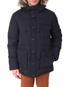 Ben Sherman Navy Blue Feather-Quilted Parka With Removable Fur Hood Trim - Lyst