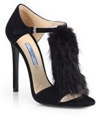 Prada Suede & Fur T-Strap Sandals - Lyst