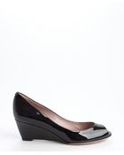Gucci Black Leather Peep Toe Wedge Heel Pumps - Lyst