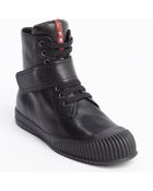 Prada Black Leather Side Zip Fastening Tape Strap High Top Sneakers - Lyst