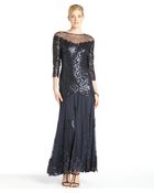 Tadashi Shoji Navy Sequined Cotton Blend Lace Long Sleeve Gown - Lyst