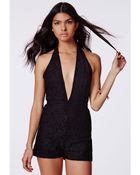 Missguided Jolanda Black Halterneck Lace Playsuit - Lyst