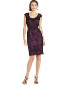 Sue Wong Black Woven Lace Scoopneck Cap Sleeve Dress - Lyst