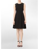 Calvin Klein Faux Leather Shoulder Detail Fit + Flare Sleeveless Dress - Lyst
