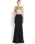 Theia Brocade-Bodice Crepe Gown - Lyst