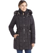Betsey Johnson Black Quilted Down Filled Faux Fur Hooded Zip And Snap Front Coat - Lyst