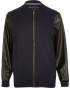 River Island Navy Leather-Look Sleeve Bomber Jacket - Lyst