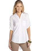 BCBGMAXAZRIA White Stretch Cotton Blend Ruched Sleeve Boyfriend Shirt - Lyst