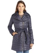 Via Spiga Navy Quilted Asymmetrical Zip Belted Coat - Lyst