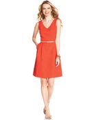 Ellen Tracy Sleeveless Jacquard Belted Dress - Lyst