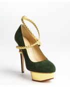 Charlotte Olympia Dark Green Suede And Gold Braid 'Dolly' Platform Pumps - Lyst