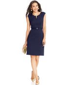 Ellen Tracy Cap-Sleeve Embellished Belted Sheath - Lyst