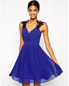 Little Mistress Wrap Front Prom Dress With Floral Embellished Shoulder - Lyst