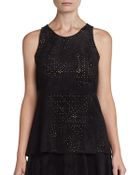 BCBGMAXAZRIA Faux Suede Eyelet Peplum Top - Lyst