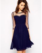 Little Mistress Sheer Midi Prom Dress With Embellished Neckline - Lyst