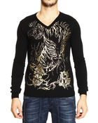 John Richmond Sweater V Neck With Gold Print - Lyst