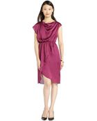 Vince Camuto Purple Shiny Woven Cowl Neck Ruffle Waist Dress - Lyst