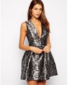John Zack Plunge Neck Full Dress In Rose Jacquard - Lyst