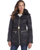 Vince Camuto Navy Faux Fur Trim Hooded Belted Down Jacket - Lyst