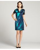 Elie Tahari Sea Blue Printed Silk Blend And Lambskin Trim 'Kellan' V-Neck Dress - Lyst