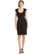 Sue Wong Black Woven Scoopneck Cap Sleeve Dress With Rosettes - Lyst