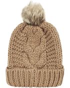 Topshop Cable Faux Fur Pom Beanie - Lyst