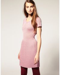 asos waist dress pink curve pleated drop exclusive lyst dropped knitted metallic