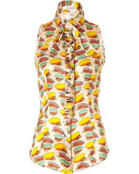 L'Wren Scott Soft Nougat-Multi Cap Printed Silk Top With Ruffle - Lyst