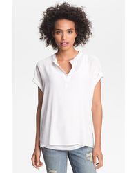 Pleione Split Neck Mixed Media Blouse - Lyst
