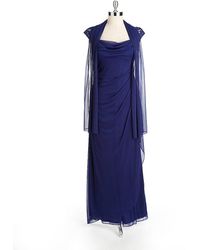 xscape pleated mock neck chiffon gown