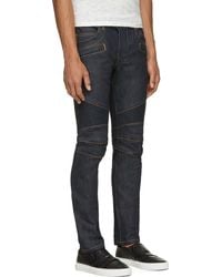 Balmain Blue Raw Denim Contrast Stitch Biker Jeans - Lyst
