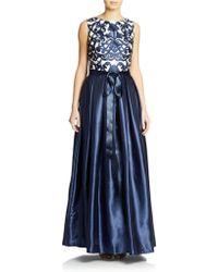 Betsy & Adam Embellished Mixed Media Gown in Blue (navy) | Lyst
