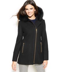 Michael Kors Michael Fur-Trim Hooded Wool-Blend Coat - Lyst