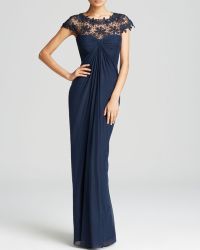 Tadashi Shoji Gown - Cap Sleeve Illusion Neck Drape Bodice - Lyst