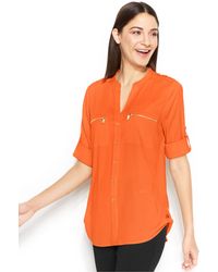 Calvin Klein Roll-Tab-Sleeve Zip-Pocket Blouse - Lyst