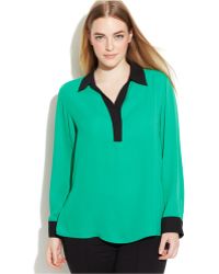 Calvin Klein Plus Size Long-Sleeve Contrast-Trim Blouse - Lyst
