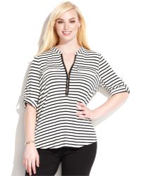 Calvin Klein Plus Size Striped Zipper-Neck Top - Lyst