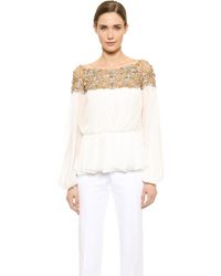 Marchesa Lace Neck Peplum Blouse - Ivory - Lyst