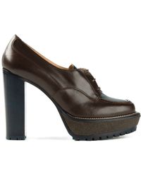 brown chunky heel pumps