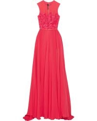 Elie Saab Tulle-Paneled Embellished Silk-Chiffon Gown - Lyst
