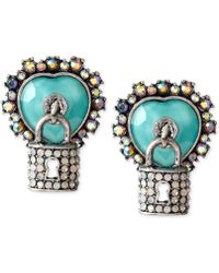 Betsey Johnson Silver-Tone Crystal Heart And Padlock Stud Earrings - Lyst