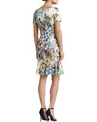 St. John Collection Watercolor Pansies Print Stretch Silk Charmeuse Short Sleeve Dress with Bow - Lyst