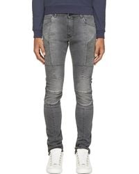 Balmain Washed Black Ribbed And Reinforced Biker Jeans - Lyst