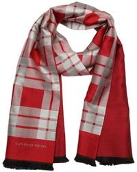 Alexander McQueen Red And Silver Plaid Silk And Wool Scarf - Lyst